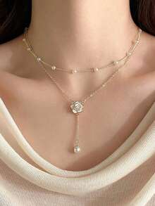 1pc Gold Double Layer Camellia Faux Pearl Necklace, Elegant Camellia Faux Pearl Tassel Choker Necklace, Stylish Bridal Wedding Necklace, Suitable For Wedding, Date, Party, Birthday, Women  Gift Valentine's Day Valentines2026 - Gold - 查看 2
