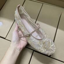 Women's High Heels, New Summer Shoes For Women ZA Spain, Mesh Ballet Flats Embroidered With Faux Pearls, Low Heels, High Heels For Women. - 杏色 - 查看 3