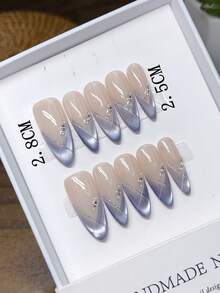 Pure Handmade Press-On Nails, Almond Shape, Purple Hand-Painted Cat Eye Press-On Nails, Y2K, Minimalist Design Nail Art, Full Coverake Nails, Y2K Nails, Stamping Nail Art, Unique Niche Creative Fake Nails, Daily Nail Art, Daily Use, Summer Spring Nails - Multicolor - View 4