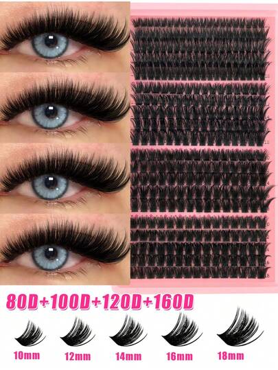 330簇假睫毛，单根假睫毛，猫眼假睫毛，80D 100D 120D 160D 漫画风格假睫毛簇，0.07mm 动漫风格假睫毛，适合新手，可重复使用，适用于派对、婚礼、日常佩戴。