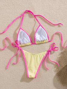 Bộ bikini buộc dây cổ gợi cảm phối màu tương phản dành cho nữ, thích hợp cho kỳ nghỉ xuân, đi biển, mùa hè. - Nhiều màu - Xem 4