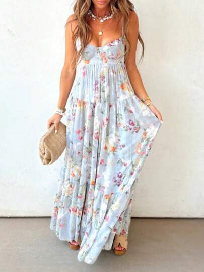 Women's Summer Floral Print Backless Spaghetti Strap Maxi Dress Elegant Sleeveless Long Flowy Dress For Vacation Date Night Beach Wedding Guest