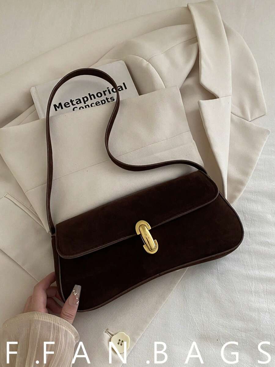 2025年秋季新款韩版时尚独特腋下包，时尚单肩包，带锁扣，小方包 - 咖啡 - 查看 1