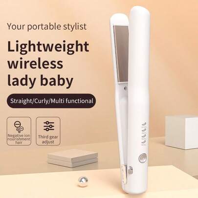 2-In-1 Multifunctional Wireless Mini Portable USB Charging Hair Straightener With Adjustable Temperature In 4 Levels, LCD Digital Display Screen, Suitable For Various Hair Types, Equipped With Dust-Proof Cover, Large Capacity Lithium Battery With Long-Lasting Life, Small Size And Easy To Carry, Suitable For Cosplay, Parties, Travel, Graduation Ceremony, Interviews, Gifts, Suitable For Both Women And Men.
