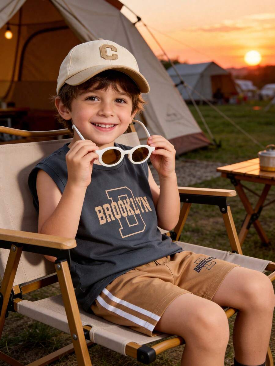 2pcs/Set Boys Casual Outdoor Outfit Classic Retro College Style "BROOKLYN" Letter Graphic Round Neck Tank Top Paired With White Striped Brown Elastic Waist Shorts, Suitable For Baseball Sports School Uniform, Spring/Summer