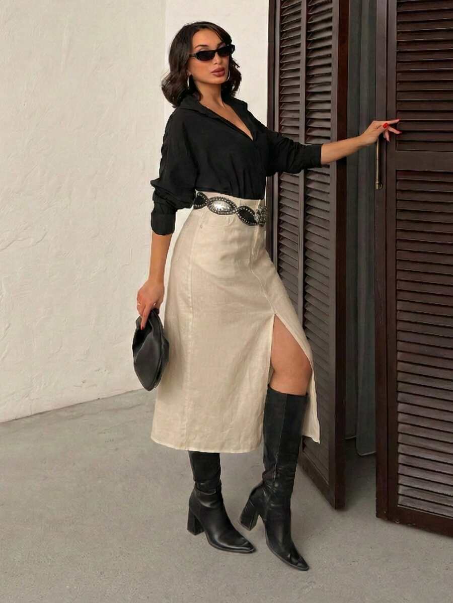 Gonna aderente elegante e alla moda con spacco alto e colore unito - Beige - Visualizzare 1