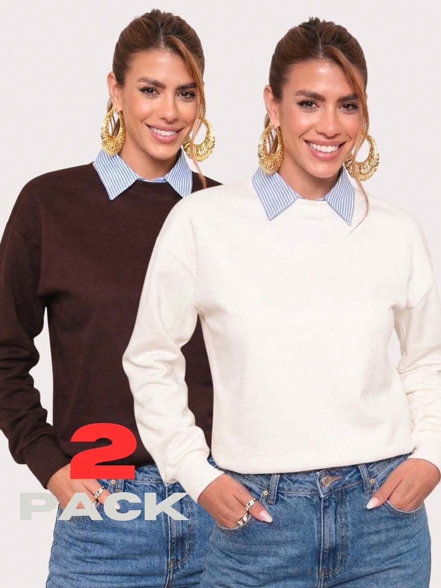 Kit Of 2 Women's Lined Cotton Fleece Sweatshirts, Warm And Casual Lined Winter Jackets - Trắng và Nâu - Xem 1