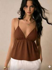 Women's Tank Top With V-Neck Front And Tie Back, Viscose Twill Fabric, Adjustable Thin Straps - Rỉ Nâu - Xem 4