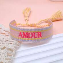 1条手工刺绣法式“AMOUR”创意编织复古风格手链，适合情侣佩戴，节日礼物，祝福绳 - 彩色 - 查看 3