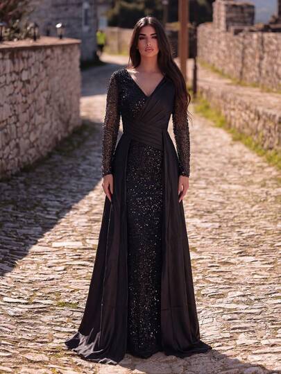 Faeriesty 女士优雅深V领晚礼服，饰有亮片，长袖，高开衩设计，修身剪裁，适合红毯活动、婚礼、盛大晚宴、正式派对、毕业典礼等各种春季派对场合。