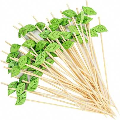 300/200/100/50/20 piezas Palillos para cócteles con hojas verdes, Palillos de bambú elegantes de 4.7 pulgadas, Palillos decorativos para aperitivos, frutas, verduras, postres y bebidas