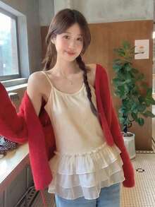 Y6Y- 春季新款杏色蕾丝拼接吊带背心甜美上衣 女士休闲夏季 - 杏色 - 查看 7