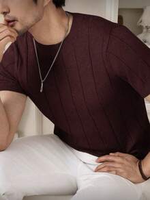 Men's Casual Short-Sleeve Crew Neck Solid Color Knit T-Shirt - Màu Đỏ Sâu - Xem 4