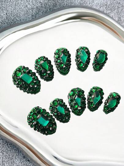 Oval Nails Handmade Press-On Nails With Transparent Tips, Rhinestones & Sparkling Full-Coverage 3D Designs - Full Cover DIY Glitter Artificial Nails, False Nails For Parties, Outdoor, Beach, Daily, Holidays, Gatherings, Work & Special Events - 10 Pieces/Bag