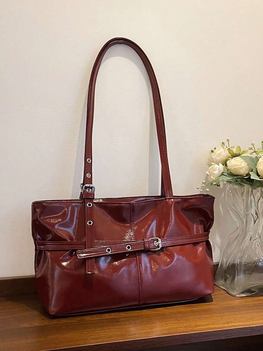 新款豹纹腰带，简约时尚通勤包，欧美风，大容量复古腋下手提包（女士款） - 酒紅色 - 查看 1