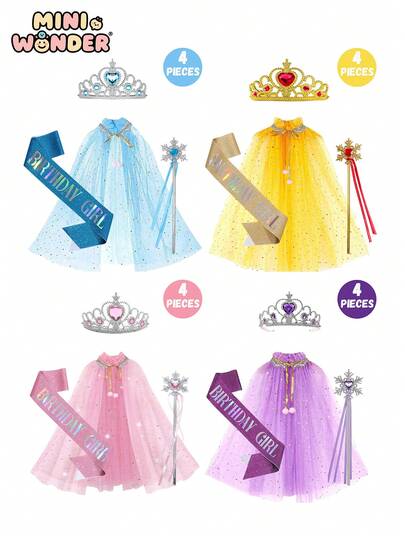 这款儿童皇冠、肩带、魔法棒和斗篷套装包含 4 件，适合小女孩装扮、角色扮演游戏、节日角色扮演派对配饰、万圣节、圣诞节装扮配饰，是送给女孩的理想礼物。