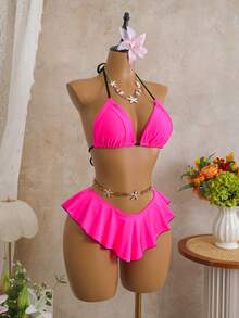 Glückliches Mädchen Damen sexy fuchsiafarbenes 2-teiliges Badeanzug-Set, bohemischer Strandurlaub, Rock mit Rüschensaum, modisches Bikini-Set für den Sommer - Rosa - Übersicht 3