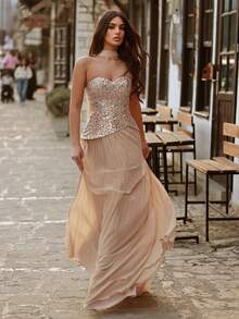 Faeriesty Đầm dạ hội nữ màu sâm panh không dây vai, đính sequin, phối họa tiết bất đối xứng, xếp nếp, sang trọng cao cấp, thiết kế thanh lịch, phù hợp cho đám cưới, chụp ảnh cưới, kỷ niệm ngày cưới, tiệc tối trang trọng, tiệc ngoài trời và các dịp khác vào mùa xuân. - Rượu sâm banh - Xem 7