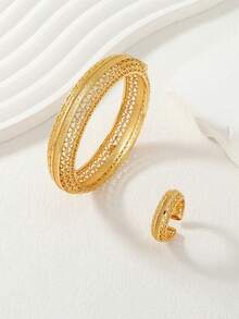 两件套中东斋月沙特阿拉伯风格镀金镂空宽手镯和戒指首饰套装，包含1个手镯和1枚戒指 - 金黃色 - 查看 7