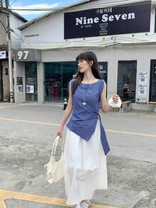 甜美简约设计不对称系带格纹吊带背心 - 藍色 - 查看 3