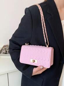 Faux Leather Solid Color Crocodile Embossed Fashion Mini Chain Shoulder Bag - Pink - View 3