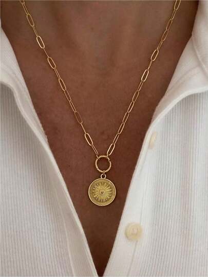 Collar de cadena de clips de papel dorados minimalista con cierre de anillo con dije, collar dorado, collar con dije medallón, collar con sol, joya regalo para ella