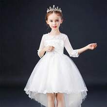 Girls White Half Sleeve High Low Tulle Princess Dress | Lace Appliques Flower Girl Dress For Wedding Pageant Party - trắng - Xem 7