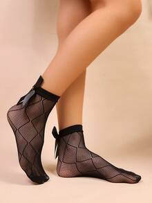 Women's Ankle Socks, 3D Bow Design - Black - View 3