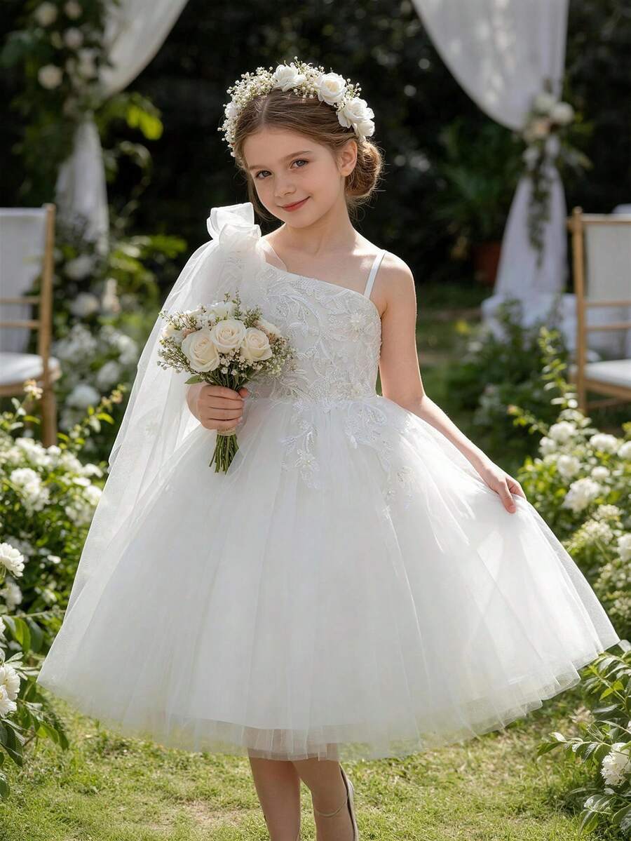Vestido de fiesta de malla con adorno de flores 3D y encaje para niña, vestido de princesa adecuado como regalo de cumpleaños para niñas, banquete, ocasión formal, celebración de festivales, vestido de niña de las flores para bodas