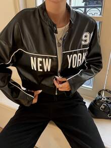 Women's Fashion Short Baseball Jacket, Stand Collar Long Sleeve, Zipper Detail, Printed "NEW YORK", Casual Outerwear - Black - View 7