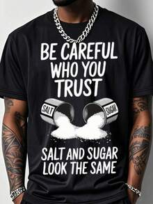 Men's Funny Gym T-Shirt With Salt & Sugar Trust Graphic Print - 200g Heavyweight Cotton Relaxed Fit Breathable Short Sleeve Crew Neck Casual & Workout Shirt For Summer - Salt Shaker Design Fitness Apparel For Salt Lovers (Machine Washable) - Black With White Salt Crystal Print, Loose Fit Outdoor Fitness Top, Geometric Pattern, Adult Men's Fashion, Humorous Salt-Themed Design - 黑色 - 查看 1
