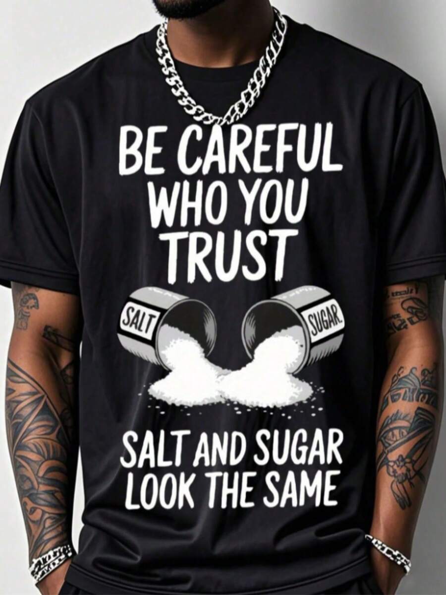 Men's Funny Gym T-Shirt With Salt & Sugar Trust Graphic Print - 200g Heavyweight Cotton Relaxed Fit Breathable Short Sleeve Crew Neck Casual & Workout Shirt For Summer - Salt Shaker Design Fitness Apparel For Salt Lovers (Machine Washable) - Black With White Salt Crystal Print, Loose Fit Outdoor Fitness Top, Geometric Pattern, Adult Men's Fashion, Humorous Salt-Themed Design - 黑色 - 查看 1