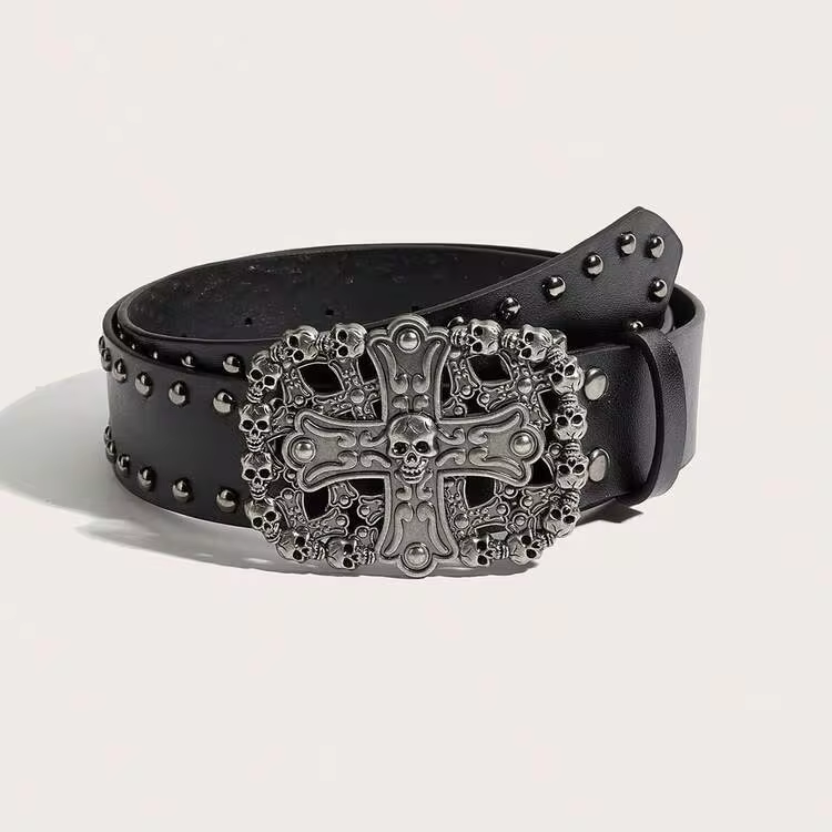 1 buah Sabuk Fashion PU Hitam Gaya Punk Street Style dengan Gesper Persegi dan Paku Keling Motif Tengkorak Silang untuk Pria dan Wanita, Cocok untuk Rok Panjang, Celana Jeans, Pesta, dan Natal - Paku keling gesper tengkorak salib hitam - View 29