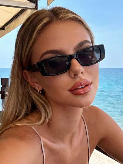 1 Pair Unisex Fashionable Versatile Black Rectangular Sunglasses, Suitable For Family Outings, Travel, Vacation, Summer Beach, Outdoor Activities And Other Occasions