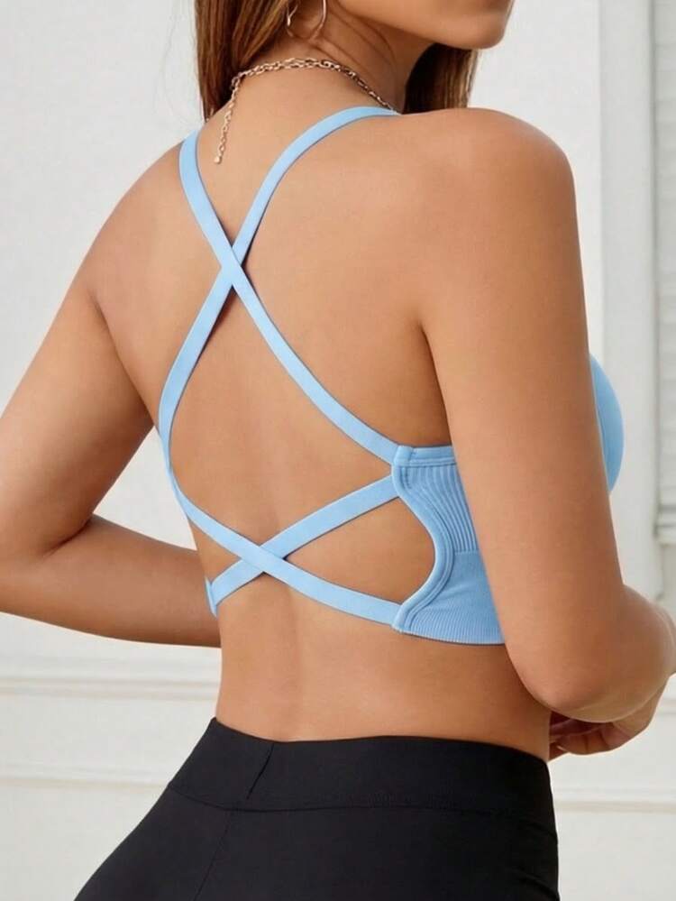 Sujetador inalámbrico sexy de punto sin costuras y acanalado para mujeres, sujetador deportivo sin espalda con tirantes cruzados - Celeste - Añade 8