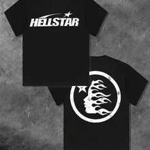 100%25 Cotton Double-Sided Printed Hell Star Pattern T-Shirt, High-Quality Printed T-Shirt, Men's Round Neck Short-Sleeved Top, Casual T-Shirt Spring And Summer Clothing - 黑色 - 查看 4