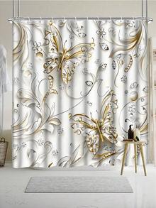 1件/4件套优雅蝴蝶图案浴帘套装，含12个挂钩，防水涤纶面料，可水洗浴垫，防滑地毯，时尚浴室配件，仅限干洗 - A - 查看 5