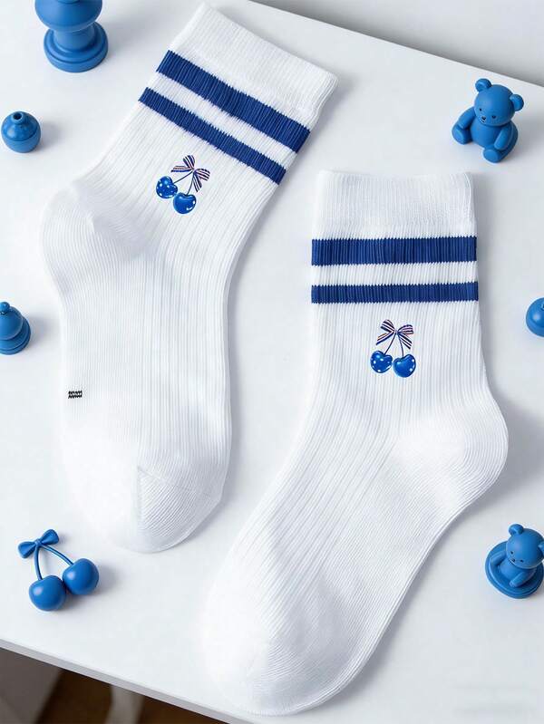 1 Pair Kids Socks, Cherry Letter Pattern, Unisex Children Casual Sports Mid-Calf Socks, Suitable For All Seasons
