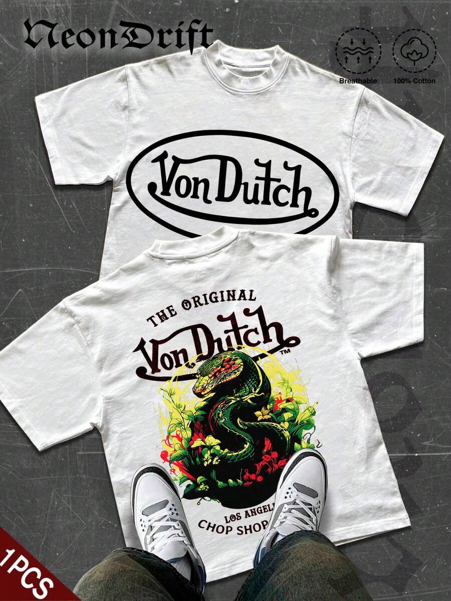 NeonDrift  Double-Sided Printing  Men's T-Shirt Men's Short-Sleeve T-Shirt100% Cotton Fabric Soft & Skin-Friendly Unisex Style Gifts For Spring Festival, Valentine's Day, St. Patrick's Day & World Cup-Van Dutch Dragon Print Men T Shirt Classic Americana Style Graphic Tee Streetwear Fashion Casual Wear For Car Enthusiasts And Vintage Culture Lovers - trắng - Xem 1