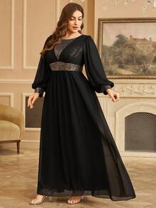 SUPGIR 亮片拼接雪纺灯笼袖优雅A字连衣裙 - 黑色 - 查看 3