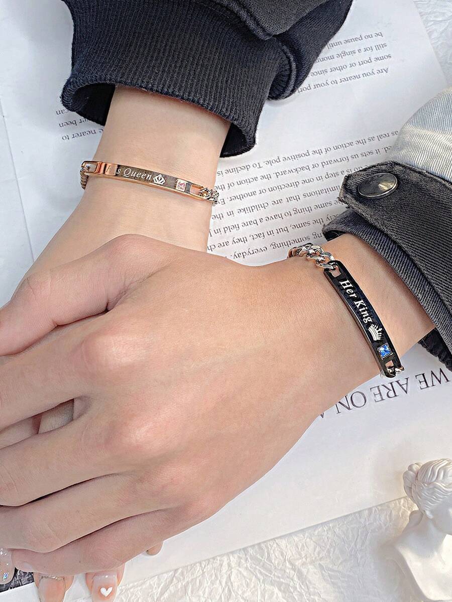 2条情侣手链，欧美字母水钻皇冠手链，他的女王她的国王情侣手链，时尚饰品 - 彩色 - 查看 1