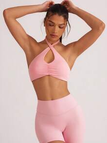 Hauture Women's Sports Bra With Front Ruched Halter Neck, Removable Padded Criss-Cross Straps, Suitable For Daily Casual Wear, Tennis, Yoga, Gym And More - Pink - View 4