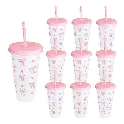 5pcs/10pcs Reusable 24oz Plastic Cups With Pink Ribbon, Straw And Lid, Suitable For Office And School, Can Hold Coffee, Tea, Beer, Juice, Cold/Hot Drinks, Smoothies