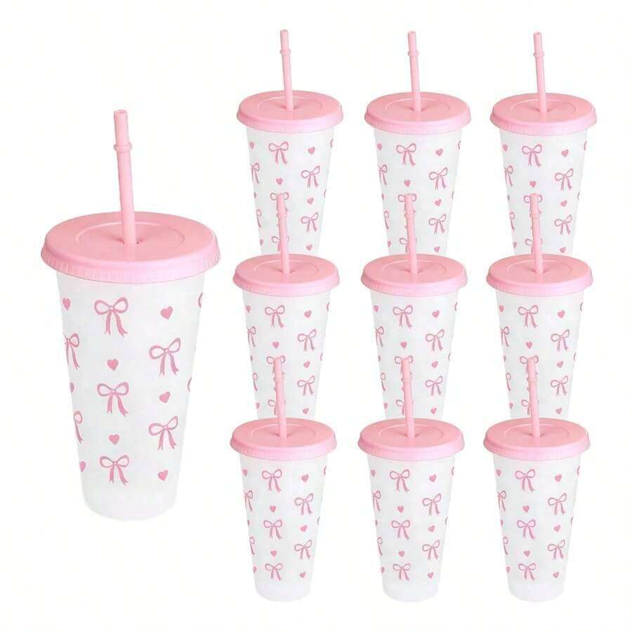5pcs/10pcs Reusable 24oz Plastic Cups With Pink Ribbon, Straw And Lid, Suitable For Office And School, Can Hold Coffee, Tea, Beer, Juice, Cold/Hot Drinks, Smoothies - Multicolor - View 1