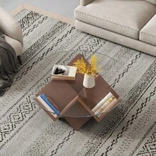 Mesa de Centro Redonda con Tapa de Cristal y Estantes de Almacenamiento con Base Geométrica Abstracta de Estilo Art Déco, Nogal, 35.4" - 1 - Ver 10