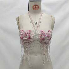 Glossmoon Pink Beads Festival Top Body Chain Chest Chain Body Chain Bikini Jewelry Beachwear Music Festival Nightclub Outfit - 粉紅色上衣 - 查看 10