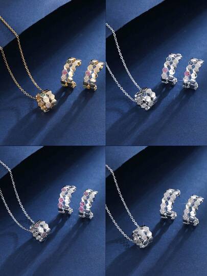Bộ 2 món gồm mặt dây chuyền hình lục giác tổ ong đính đá Zirconia sang trọng, quà tặng cao cấp cho bạn thân, thích hợp đeo đi làm.