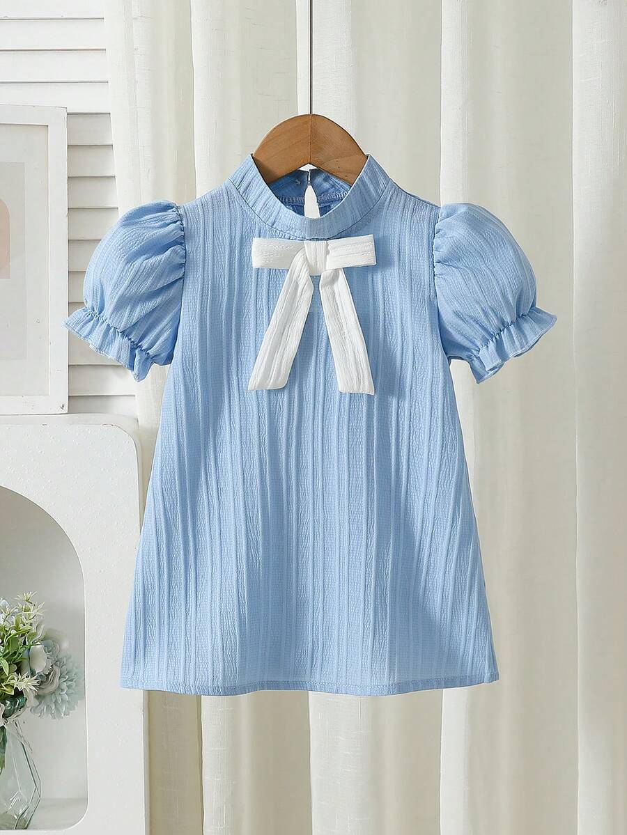 Vestido de verano para niñas pequeñas con estilo, vestido de unicolor de manga corta con decoración de lazo y cierre trasero con botones