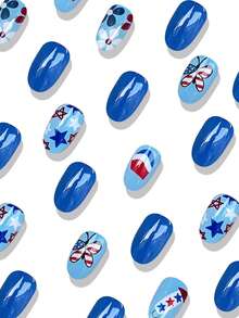 24 Stück kurze runde aufklappbare Fake Nägel Blau, kurze Nägel mit Pentagramm und Blumen Fake Nägel für den Unabhängigkeitstag - Verschiedenfarbig - Übersicht 2