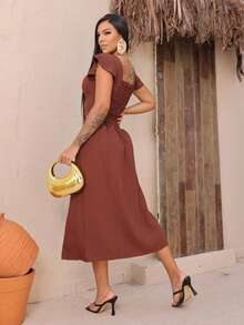 Women's Tailored Set: Cropped Top With Ruffled Sleeves, Midi Skirt With Front Slit, High Waist. Elegant Women's Fashion Set ✨ Casual, Vacation, Beach - 棕色的 - 查看 2